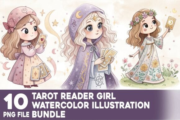 Download Tarot Reader Girl Watercolor Bundle - Tarot Collection