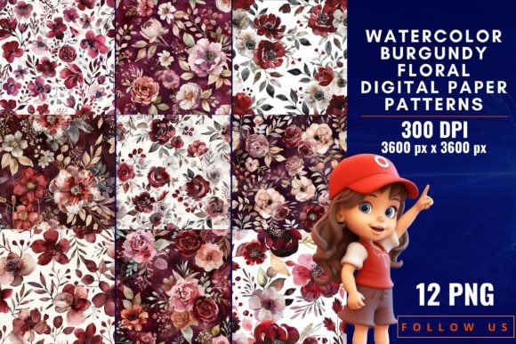 Download Watercolor Burgundy Floral Digital Paper - Floral Collection